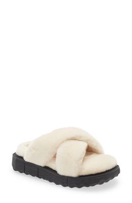 Off-White Sponge Sole Faux Shearling Slide Sandal in Cream Black