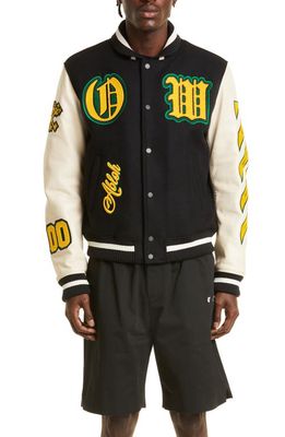 Off-White Stretch Wool Blend & Leather Varsity Jacket in Black/Yellow