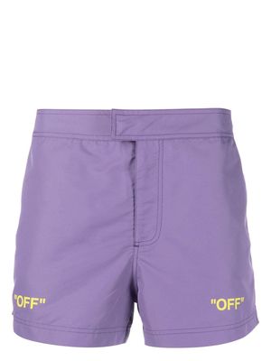 Off-White Sunrise Off Quote-print swim shorts - Purple