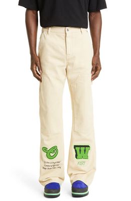 Off-White Vars Hamer Logo Patch Flare Leg Carpenter Pants in White Green