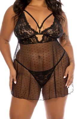 Oh La La Cheri Aphrodite Dot Mesh Chemise & G-String Set in Black 