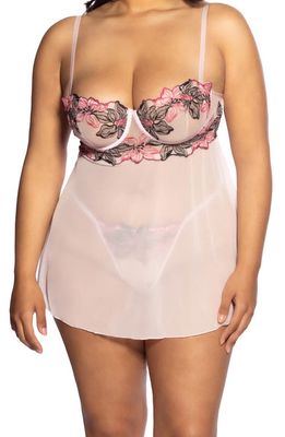Oh La La Cheri Audra Embroidered Underwire Mesh Babydoll Chemise & G-String Set in Pink Tulle Multicolored H