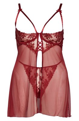 Oh La La Cheri Embroidered Open Cup Babydoll Chemise & G-String Thong in Dark Red