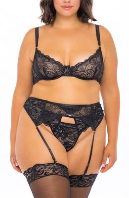 Oh La La Cheri Lace Underwire Bra, G-String & Garter Belt Set in Black 