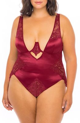 Oh La La Cheri Plunge Neck Underwire Teddy with Lace Insets in Rhubarb