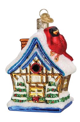 Old World Christmas Cardinal Birdhouse Glass Ornament in White/Blue/Green