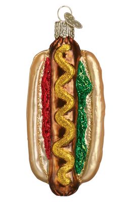 Old World Christmas Hot Dog Glass Ornament in Tan/Brown/Red/Green/Gold