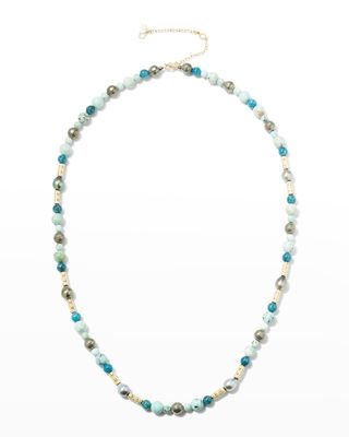 Old World Pearl and Turquoise Bead Necklace, 34"L