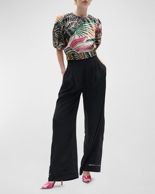 Olive Abstract-Print Puff-Sleeve Crop Top
