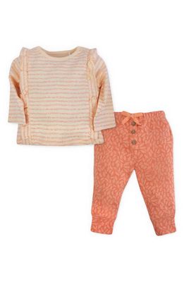 Oliver & Rain Leaves & Stripes Organic Cotton Ruffle T-Shirt & Joggers Set in Ginger