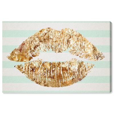 Oliver Gal Fashion and Glam 'Solid Kiss Mint Stripes' Lips Wall Art in Golden 45 x