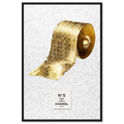 Oliver Gal French Fashion White Toilet de Luxe Roll Fashion Framed Canvas Print Wall Art in Dark Gold 10" x