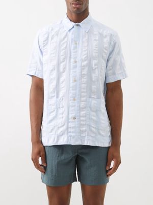 Oliver Spencer - Cuban-collar Striped Seersucker Shirt - Mens - Blue