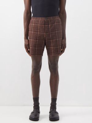 Oliver Spencer - Osbourne Check Linen And Cotton Hopsack Shorts - Mens - Brown