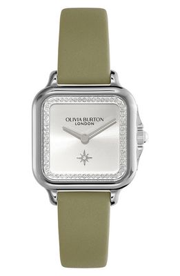 Olivia Burton Grosvenor Leather Strap Watch, 28mm in Olive 