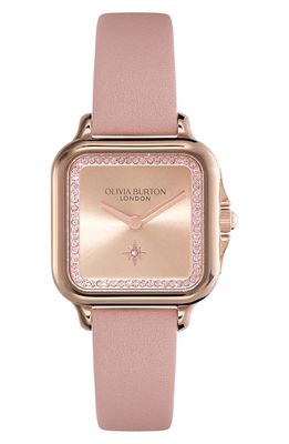 Olivia Burton Grosvenor Leather Strap Watch, 28mm in Rose 