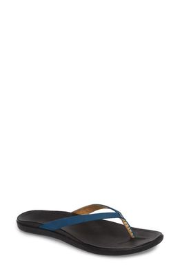 OluKai Ho Opio Leather Flip Flop in Legion Blue/Black Leather