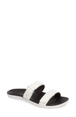 OluKai Kipuka Slide Sandal in White/Black Faux Leather