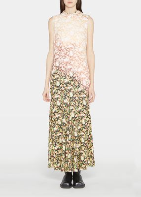 Ombre Floral-Print Reverse-Collar Maxi Dress
