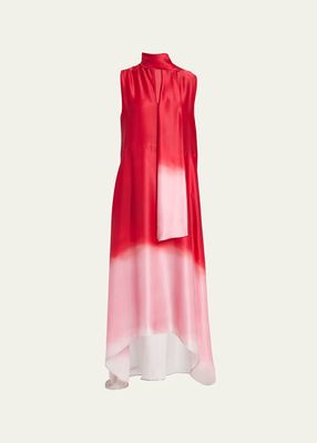 Ombre Scarf-Neck High-Low Silk Dress