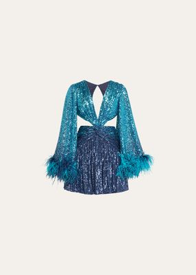 Ombré Sequin Feather-Cuff Cutout Mini Dress