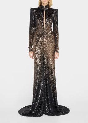 Ombre Sequin Strong-Shoulder Collared Gown