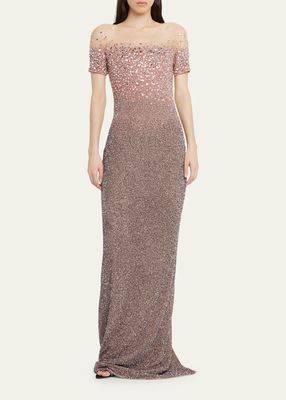 Ombre Signature Sequin Gown with Oversized Crystal Details