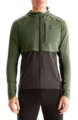 On Water Resistant Hooded Packable Running Jacket in Taiga/Shadow