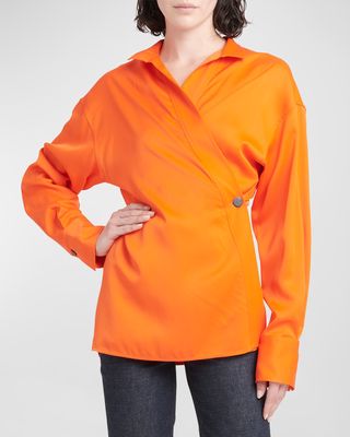 One-Button Long-Sleeve Collared Wrap Shirt