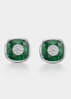One Collection 10mm Cushion Earrings with White Gold Bezel, Emerald