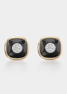 One Collection 10mm Cushion Earrings with Yellow Gold Bezel, Black Onyx