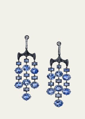 One of a Kind 18K White Gold and Black Rhodium Chrona Chandelier Earrings with Sapphires and Diamonds