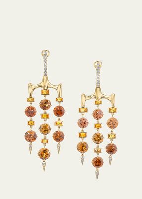 One of a Kind 18K Yellow Gold Chandelier Earrings with Zircons, Yellow Sapphires and Diamonds