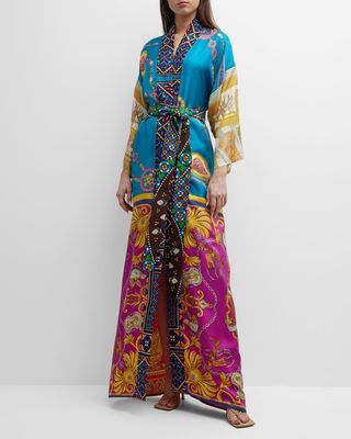 One Of A Kind Patchwork-Print Silk Wrap Kimono Dress