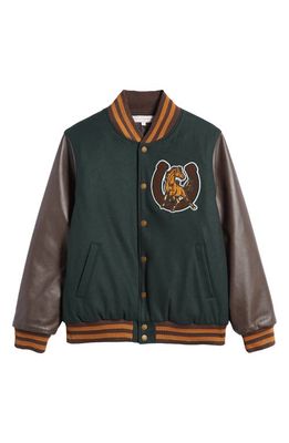 ONE OF THESE DAYS Mustang Wool & Leather Varsity Bomber Jacket in Green/Brown