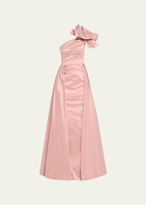 One-Shoulder Bow-Front Pleated Taffeta Gown