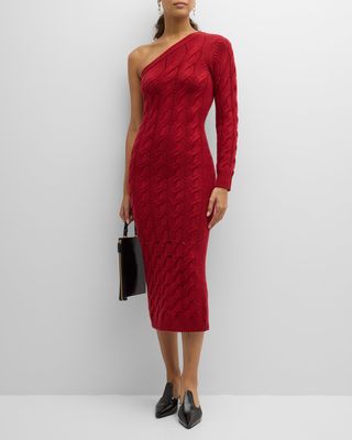 One-Shoulder Cable-Knit Midi Sweater Dress
