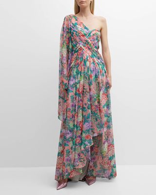 One-Shoulder Cape-Sleeve Floral-Print Gown