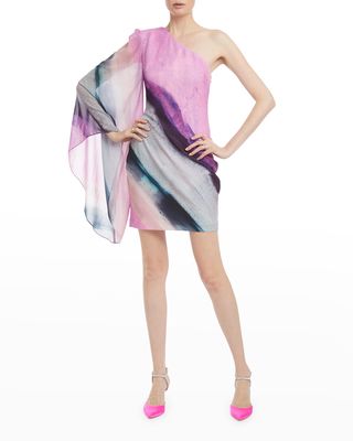One-Shoulder Cape-Sleeve Mini Dress