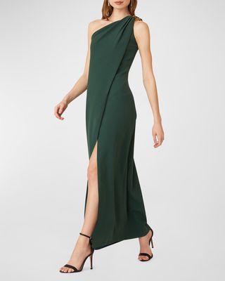 One-Shoulder Chain-Strap Crepe Gown