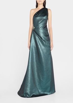One-Shoulder Draped Lame Gown