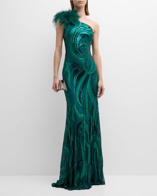 One-Shoulder Feather-Trim Sequin Gown