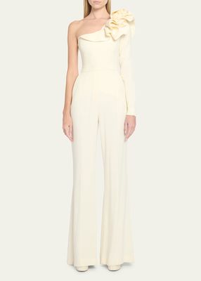 One-Shoulder Flared Cady Jumpsuit with Rosette Detail