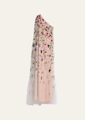 One-Shoulder Floral Embellished Gown