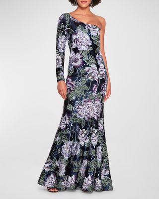 One-Shoulder Floral-Embroidered Sequin Gown