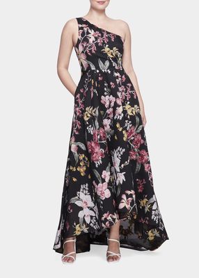 One-Shoulder Floral Fils Coupe Gown