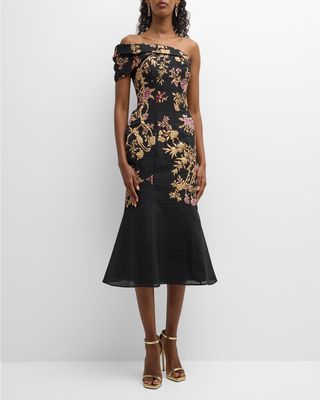 One-Shoulder Floral Jacquard Midi Dress