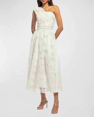 One-Shoulder Floral Lace Mesh Midi Dress