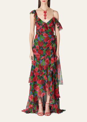 One-Shoulder Floral Print Gown with Ruffle Detail