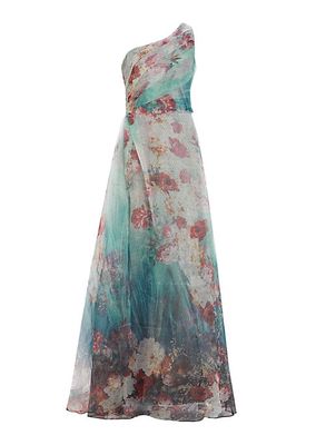 One-Shoulder Floral Print Gown